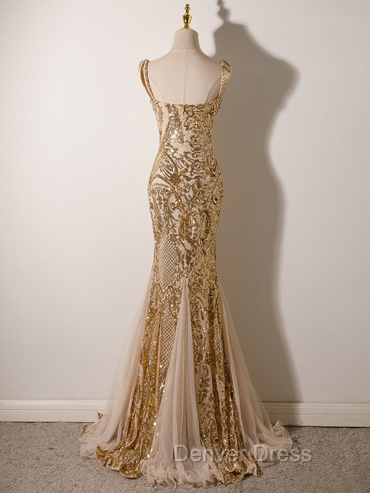 Champagne Mermaid Sequins Straps Prom Dress, Champagne Sequins Prom Dresses