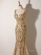 Champagne Mermaid Sequins Straps Prom Dress, Champagne Sequins Prom Dresses