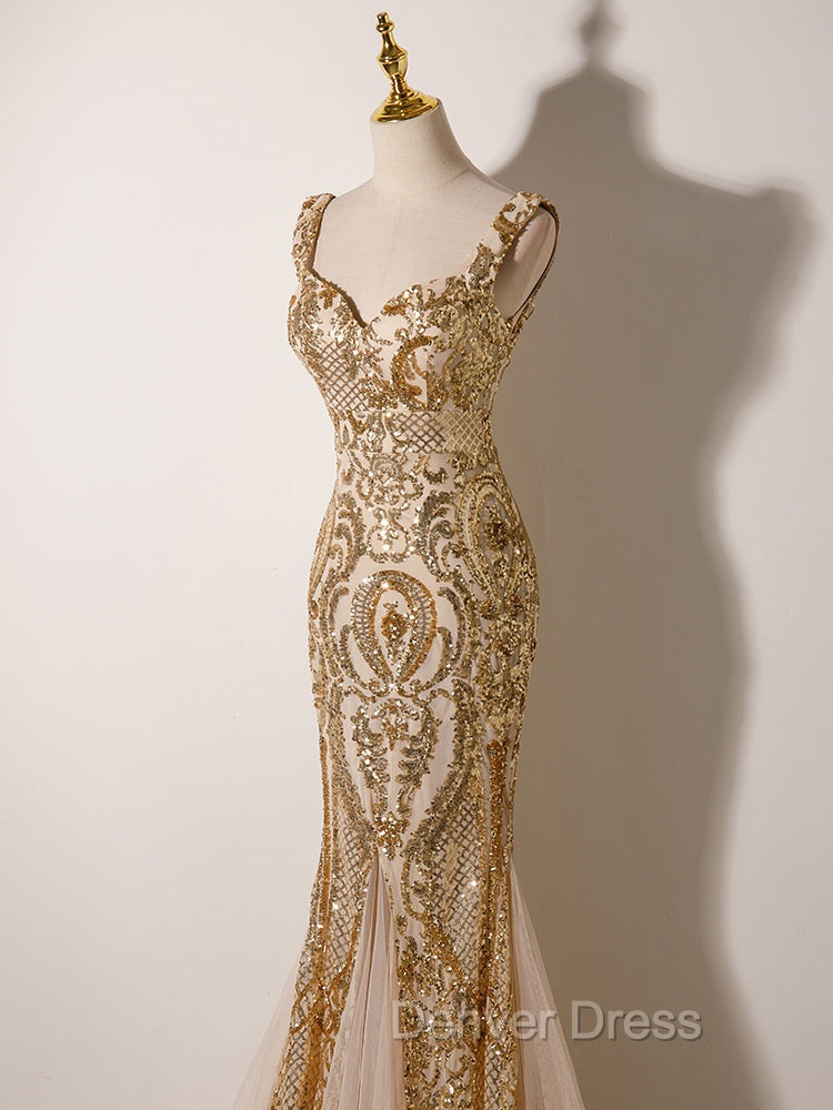 Champagne Mermaid Sequins Straps Prom Dress, Champagne Sequins Prom Dresses