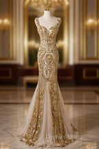 Champagne Mermaid Sequins Straps Prom Dress, Champagne Sequins Prom Dresses