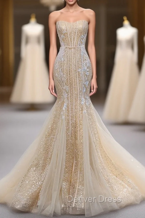 Champagne Mermaid Sequins Tulle Strapless Appliques Prom Dresses