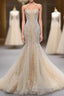 Champagne Mermaid Sequins Tulle Strapless Appliques Prom Dresses