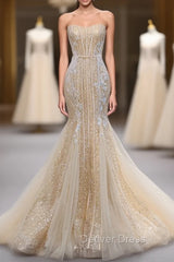 Champagne Mermaid Sequins Tulle Strapless Appliques Prom Dresses