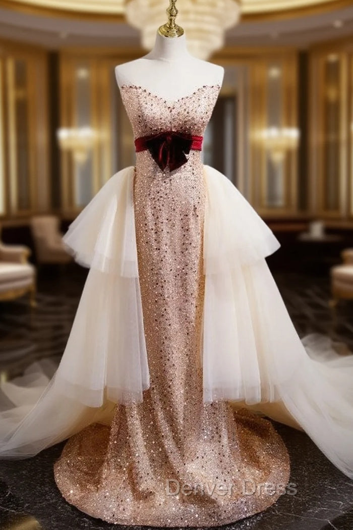Champagne Mermaid Sequins Tulle Strapless Prom Dresses