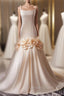 Champagne Mermaid Spaghetti Straps Pearls Flower Wedding Dresses