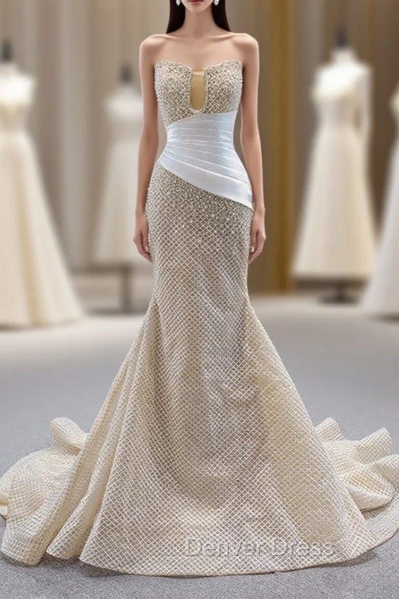 Champagne Mermaid Strapless Pearls Prom Dresses