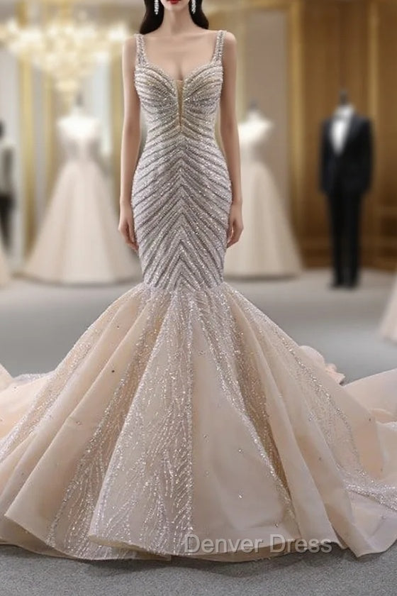 Champagne Mermaid Straps Beading Prom Dresses Main image