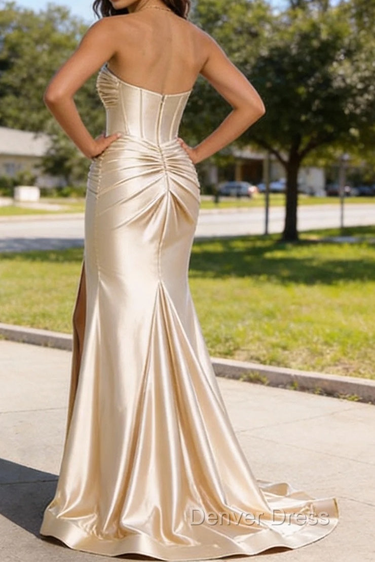 Champagne Mermaid Sweetheart Corset Long Prom Dresses with Slit Secondary image