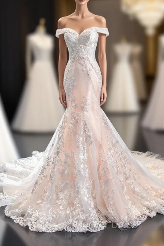 Champagne Mermaid Tulle Appliques Off the Shoulder Wedding Dresses With Train