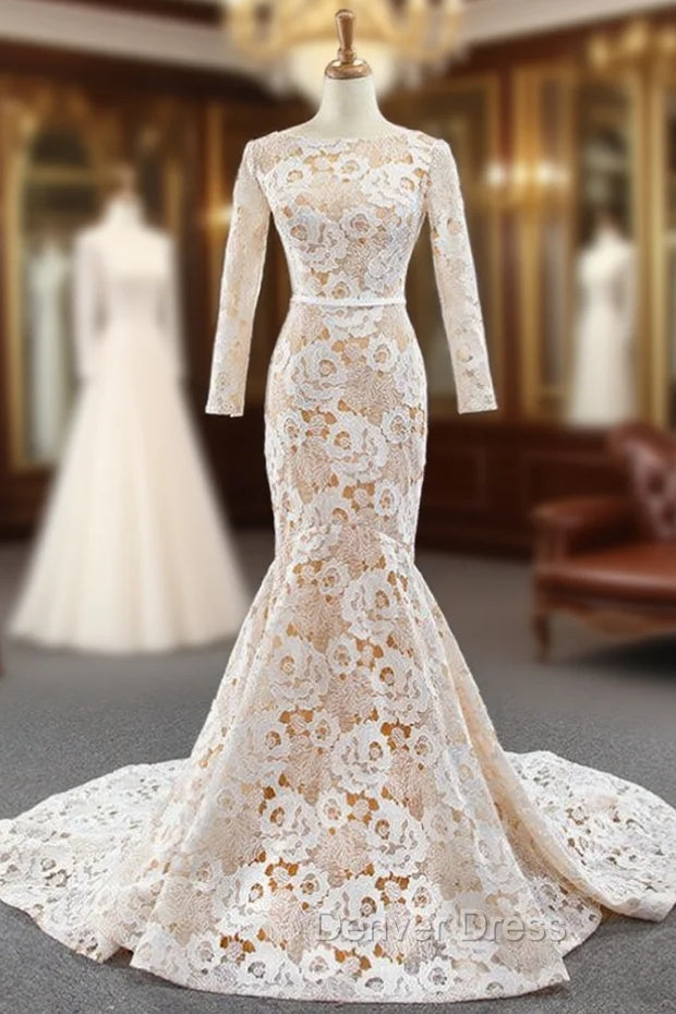 Champagne Mermaid Tulle Lace Flower Long Sleeve Prom Dresses