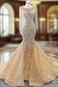 Champagne Mermaid Tulle Long Sleeve Pearls Prom Dresses
