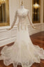 Champagne Mermaid Tulle Long Sleeve Prom Dresses With Beading