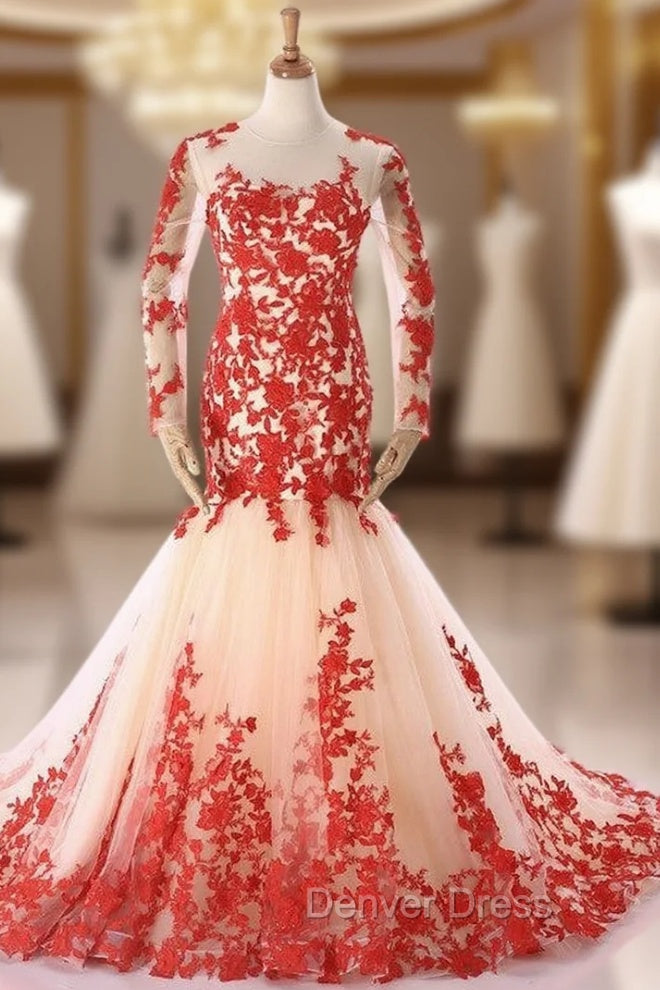 Champagne Mermaid Tulle Res Appliques Long Sleeve Prom Dresses