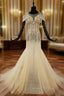 Champagne Mermaid Tulle Sequins Cap Sleeve Beading Crystal Wedding Dresses