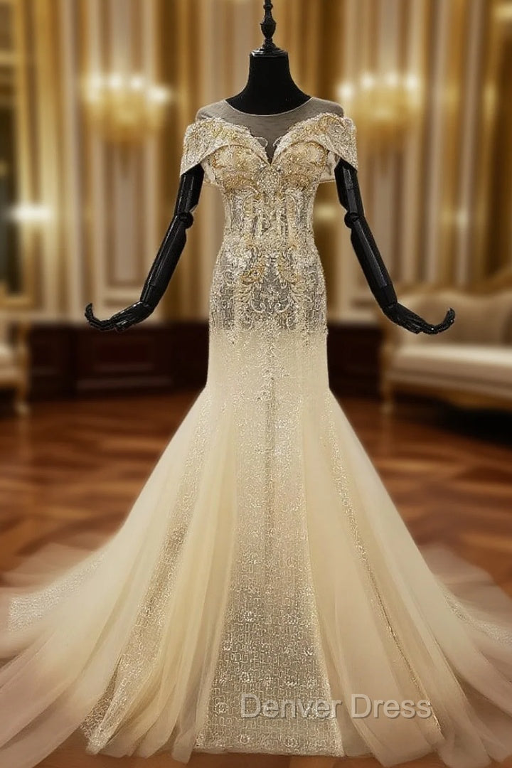 Champagne Mermaid Tulle Sequins Cap Sleeve Beading Crystal Wedding Dresses