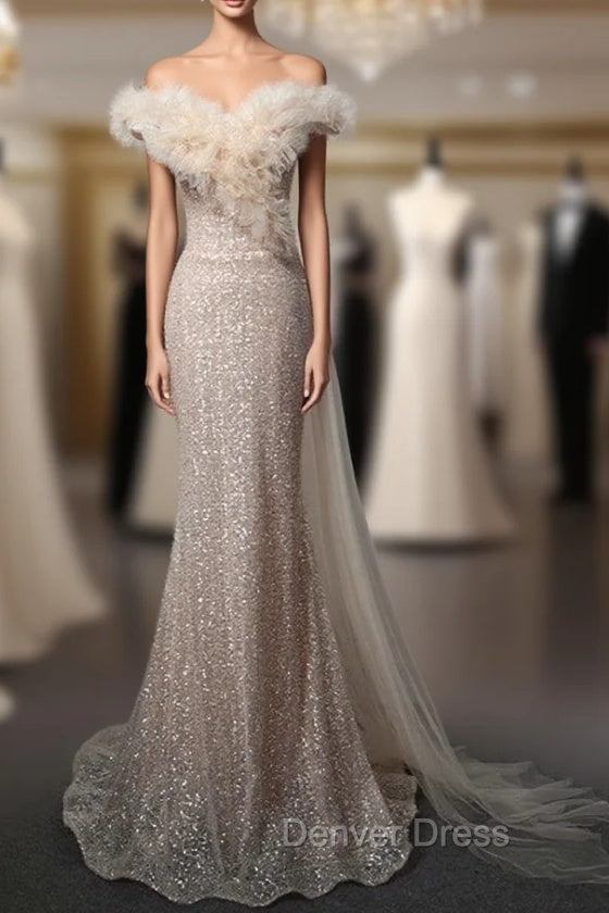 Champagne Mermaid Tulle Sequins Off the Shoulder Prom Dresses