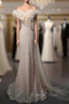 Champagne Mermaid Tulle Sequins Off the Shoulder Prom Dresses