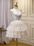 Champagne Mini/Short Prom Dresses, Puffy Cute Homecoming Dresses With Lace