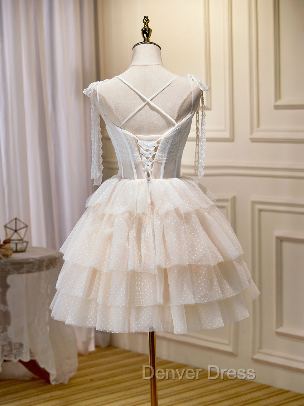 Champagne Mini Short Prom Dress, Puffy Cute Homecoming Dresses With Lace