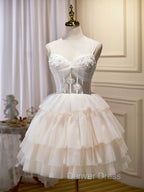 Champagne Mini/Short Prom Dresses, Puffy Cute Homecoming Dresses With Lace