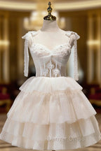 Champagne Mini Short Prom Dress, Puffy Cute Homecoming Dresses With Lace