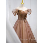 Champagne Off Shoulder Beaded A-line Tulle Long Party Dresses, Long Evening Gown