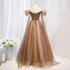 Champagne Off Shoulder Beaded A-line Tulle Long Party Dresses, Long Evening Gown