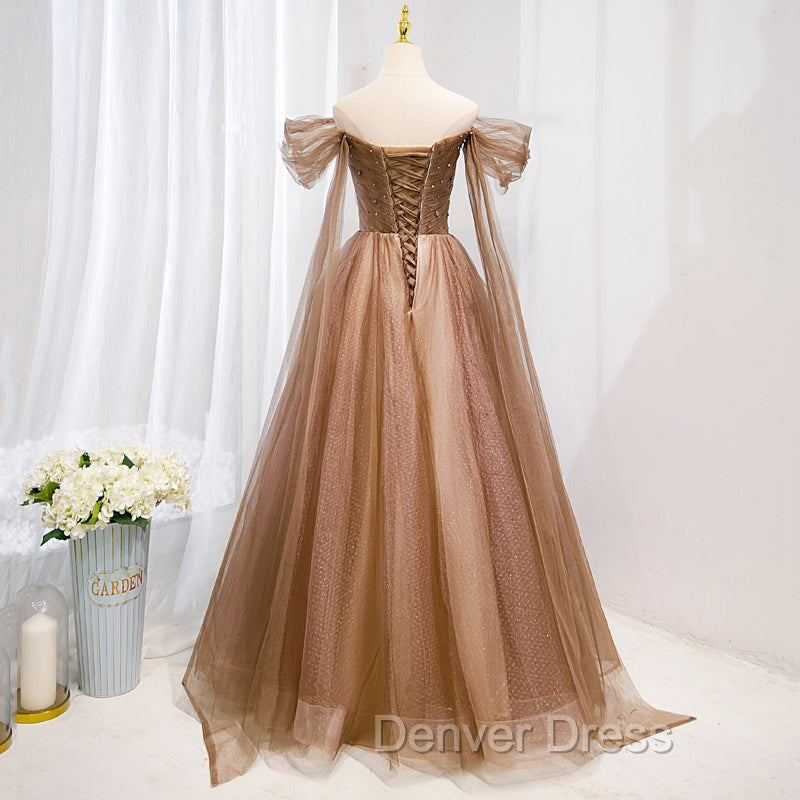Champagne Off Shoulder Beaded A Line Tulle Long Prom Dresses, Long Prom Gowns