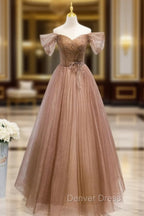 Champagne Off Shoulder Beaded A-line Tulle Long Party Dresses, Long Evening Gown