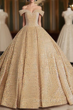 Champagne Off Shoulder Sequin Long Prom Dresses, Champagne Formal Dresses