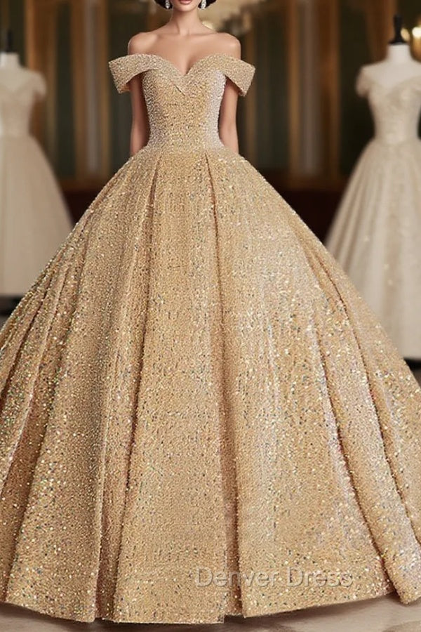 Champagne Off Shoulder Sequin Long Prom Dresses, Champagne Formal Dresses