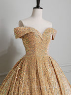 Champagne Off Shoulder Sequin Long Prom Dresses, Champagne Formal Dresses
