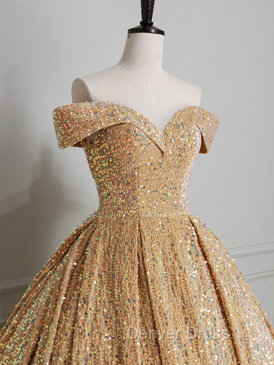 Champagne Off Shoulder Sequin Long Prom Dresses, Champagne Formal Dresses