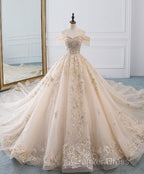 Champagne Off Shoulder Tulle Lace Long Wedding Dress, Wedding Gowns Prom Dresses