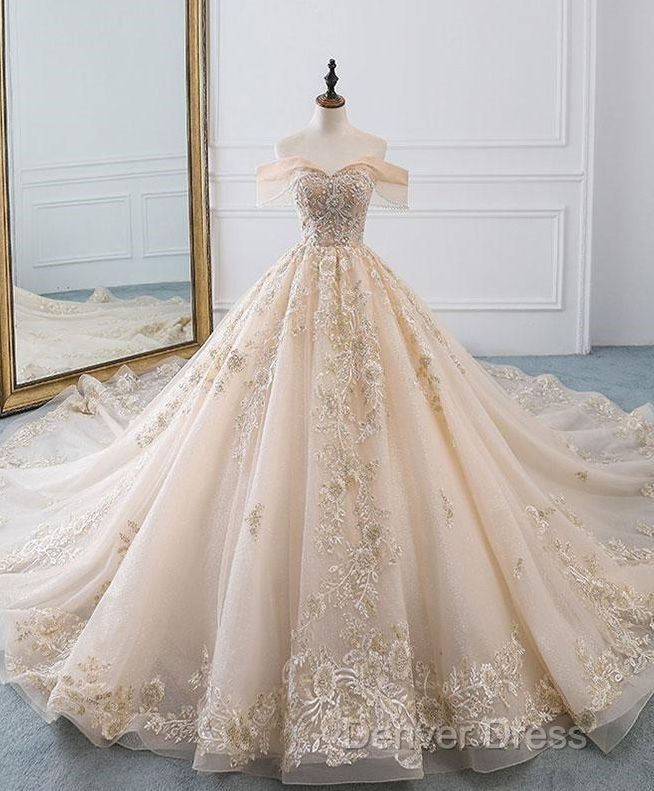 Champagne Off Shoulder Tulle Lace Long Wedding Dress, Wedding Gowns Prom Dresses