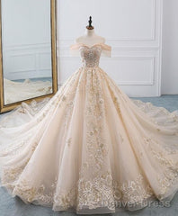 Champagne Off Shoulder Tulle Lace Long Wedding Dress, Wedding Gown Prom Dresses