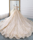 Champagne Off Shoulder Tulle Lace Long Wedding Dress, Wedding Gowns Prom Dresses