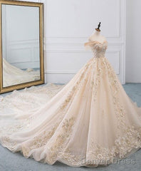 Champagne Off Shoulder Tulle Lace Long Wedding Dress, Wedding Gown Prom Dresses