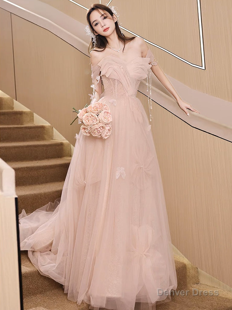 Champagne Off Shoulder Tulle Sequin Long Prom Dress, Champagne Prom Dresses