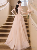 Champagne Off Shoulder Tulle Sequin Long Prom Dress, Champagne Prom Dresses
