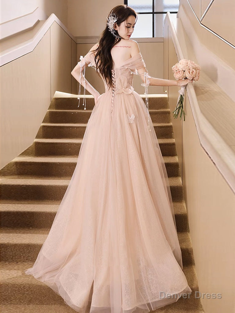 Champagne Off Shoulder Tulle Sequin Long Prom Dress, Champagne Prom Dresses