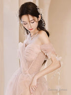 Champagne Off Shoulder Tulle Sequin Long Prom Dress, Champagne Prom Dresses
