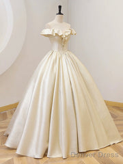 Champagne Off The Shoulder Floor Length Prom Dress, Elegant A-Line Evening Party Dress