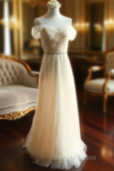 Champagne Off The Shoulder Tulle Bridesmaid Dresses