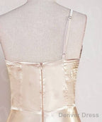 Champagne One Shoulder Satin Midi Bridesmaid Dresses