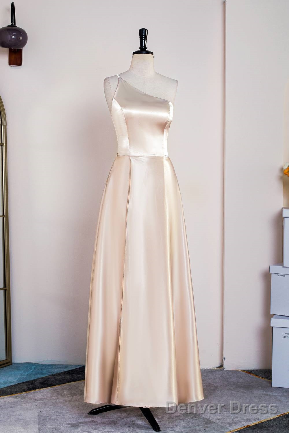 Champagne One Shoulder Satin Midi Bridesmaid Dresses