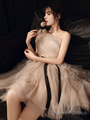 Champagne One Shoulder Tulle Short Party Dress, Short Homecoming Dresses