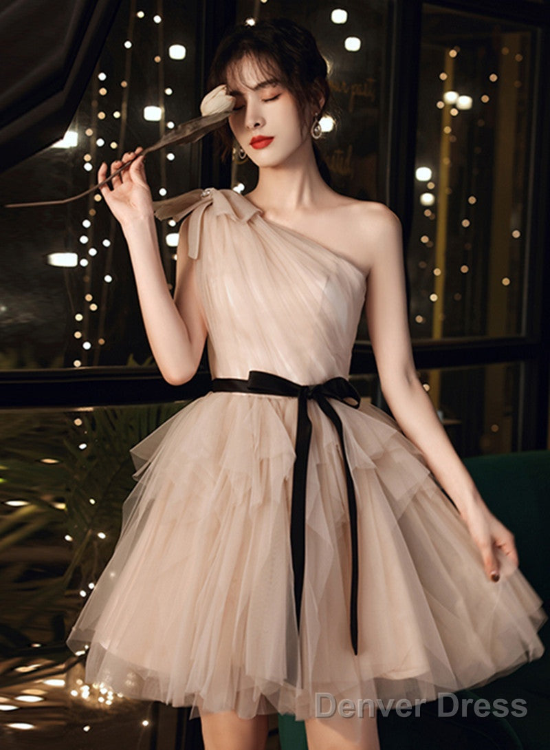 Champagne One Shoulder Tulle Short Prom Dress, Short Homecoming Dresses Main image