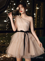 Champagne One Shoulder Tulle Short Prom Dress, Short Homecoming Dresses