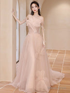 Champagne Pink A Line Tulle Sequin Long Prom Dress, Champagne Pink Prom Dresses